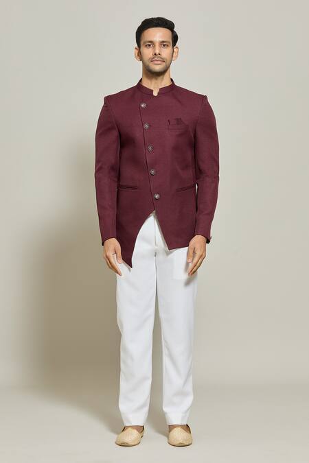 Arihant Rai Sinha_Maroon Terrycloth Asymmetric Solid Bandhgala And Trouser Set _Online_at_Aza_Fashions