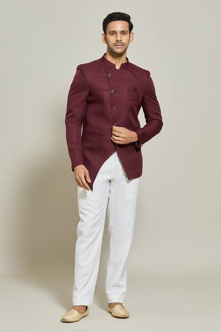 Buy_Arihant Rai Sinha_Maroon Terrycloth Asymmetric Solid Bandhgala And Trouser Set _Online_at_Aza_Fashions