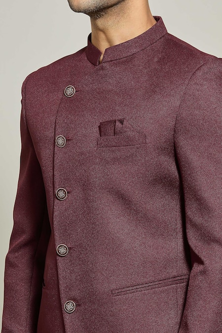 Shop_Arihant Rai Sinha_Maroon Terrycloth Asymmetric Solid Bandhgala And Trouser Set _Online_at_Aza_Fashions