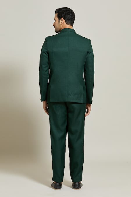 Shop_Arihant Rai Sinha_Green Terrycloth Solid Bandhgala And Trouser Set _at_Aza_Fashions