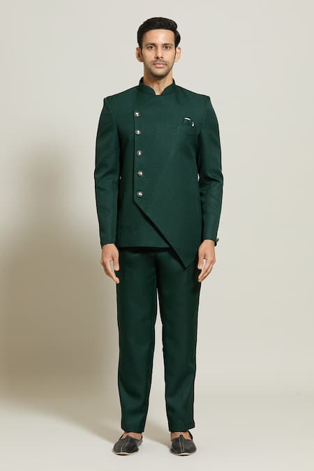 Arihant Rai Sinha_Green Terrycloth Solid Bandhgala And Trouser Set _Online_at_Aza_Fashions