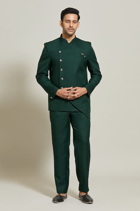 Buy_Arihant Rai Sinha_Green Terrycloth Solid Bandhgala And Trouser Set _Online_at_Aza_Fashions