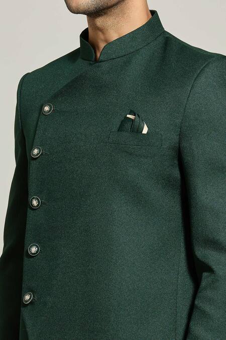 Shop_Arihant Rai Sinha_Green Terrycloth Solid Bandhgala And Trouser Set _Online_at_Aza_Fashions