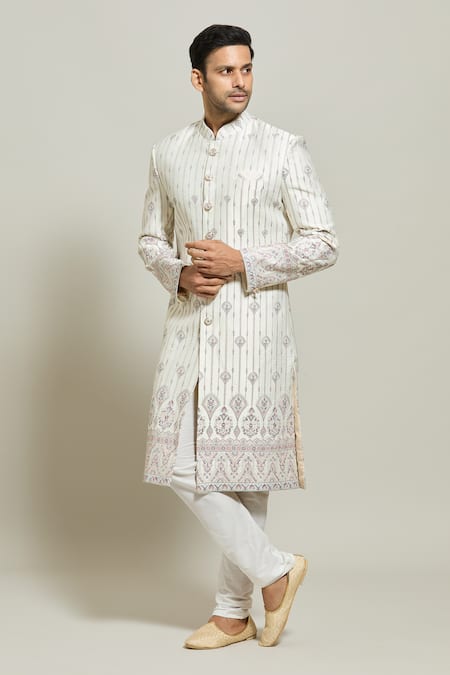 Aryavir Malhotra Cream Silk Embroidered Thread Floral Sherwani With Churidar 