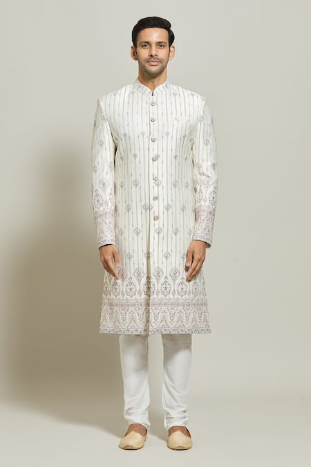 Arihant Rai Sinha_Cream Silk, Polyester, Cotton Embroidery, Sequins Floral Sherwani With Churidar _Online_at_Aza_Fashions
