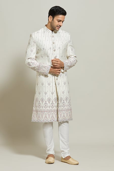 Buy_Arihant Rai Sinha_Cream Silk, Polyester, Cotton Embroidery, Sequins Floral Sherwani With Churidar _Online_at_Aza_Fashions