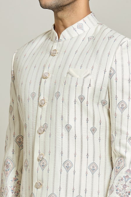 Shop_Arihant Rai Sinha_Cream Silk, Polyester, Cotton Embroidery, Sequins Floral Sherwani With Churidar _Online_at_Aza_Fashions