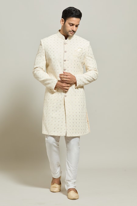 Aryavir Malhotra Cream Georgette Embroidered Thread Sherwani With Churidar 