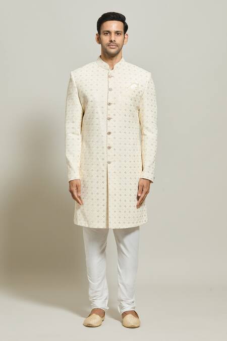 Arihant Rai Sinha_Cream Georgette, Polyester, Cotton Sequins, Thread Sherwani With Churidar _Online_at_Aza_Fashions