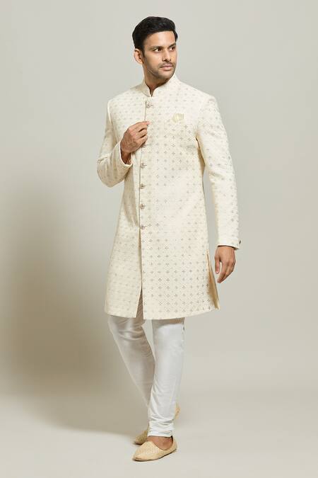 Buy_Arihant Rai Sinha_Cream Georgette, Polyester, Cotton Sequins, Thread Sherwani With Churidar _Online_at_Aza_Fashions