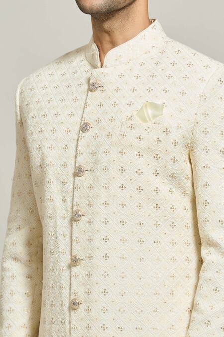 Shop_Arihant Rai Sinha_Cream Georgette, Polyester, Cotton Sequins, Thread Sherwani With Churidar _Online_at_Aza_Fashions
