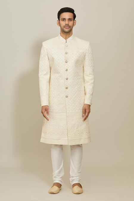 Buy_Arihant Rai Sinha_Cream Silk, Polyester Sequins, Embroidery Thread Sherwani And Churidar Set _Online_at_Aza_Fashions