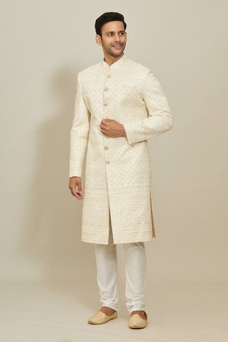 Shop_Arihant Rai Sinha_Cream Silk, Polyester Sequins, Embroidery Thread Sherwani And Churidar Set _Online_at_Aza_Fashions