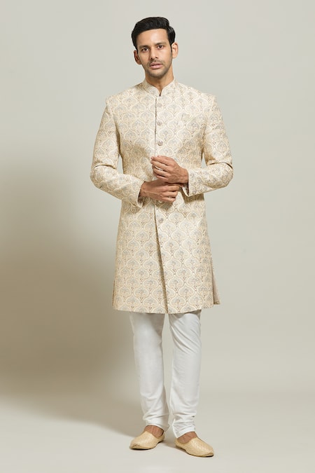 Aryavir Malhotra Gold Silk Embroidered Thread Floral Motif Sherwani Churidar Set 