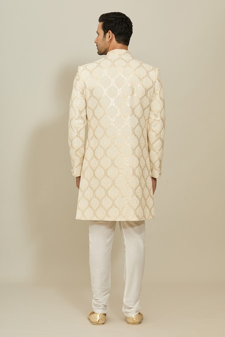 Shop Arihant Rai Sinha Cream Georgette, Polyester, Cotton Mughal Ogee Pattern Sherwani With Churidar at Aza Fashions Shop_Arihant Rai Sinha_Cream Georgette, Polyester, Cotton Mughal Ogee Pattern Sherwani With Churidar_at_Aza_Fashions