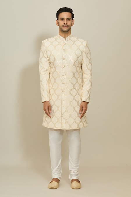 Arihant Rai Sinha Cream Georgette, Polyester, Cotton Mughal Ogee Pattern Sherwani With Churidar Online at Aza Fashions Arihant Rai Sinha_Cream Georgette, Polyester, Cotton Mughal Ogee Pattern Sherwani With Churidar_Online_at_Aza_Fashions