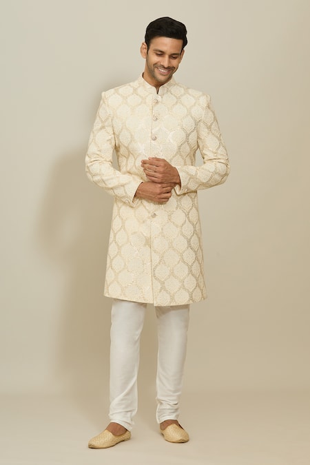 Buy Arihant Rai Sinha Cream Georgette, Polyester, Cotton Mughal Ogee Pattern Sherwani With Churidar Online at Aza Fashions Buy_Arihant Rai Sinha_Cream Georgette, Polyester, Cotton Mughal Ogee Pattern Sherwani With Churidar_Online_at_Aza_Fashions