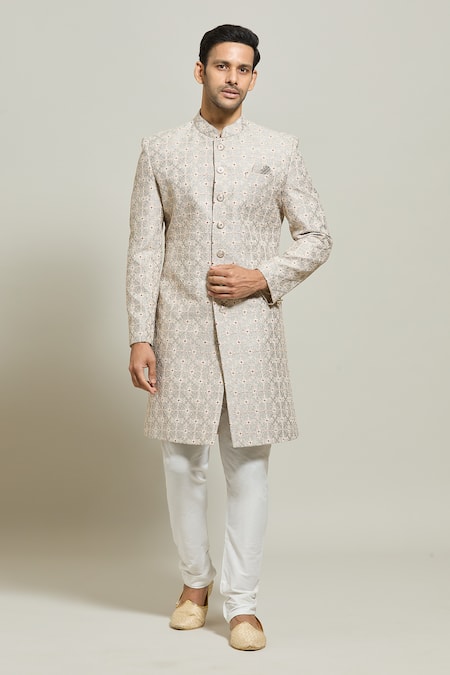 Aryavir Malhotra Grey Silk Embroidered Zari Sherwani Churidar Set