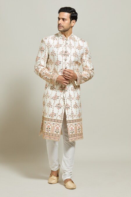 Aryavir Malhotra Cream Silk Embroidered Zari Sherwani And Churidar Set