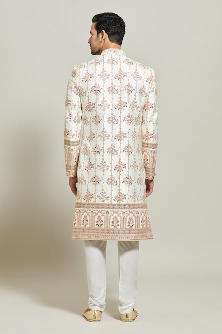 Shop_Arihant Rai Sinha_Cream Silk, Polyester Zari Embroidered Sherwani And Churidar Set _at_Aza_Fashions