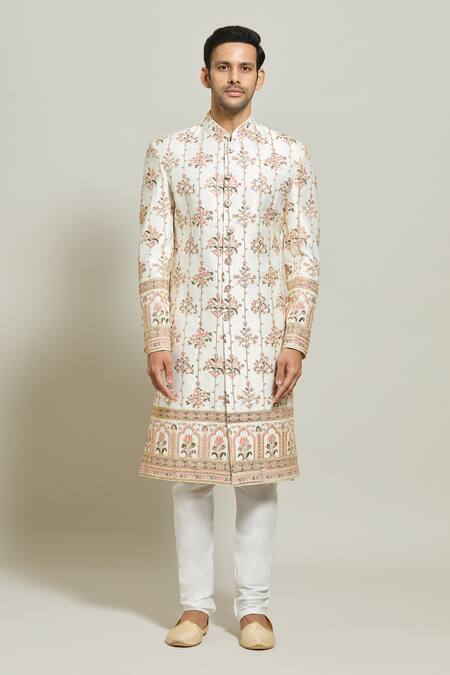 Buy_Arihant Rai Sinha_Cream Silk, Polyester Zari Embroidered Sherwani And Churidar Set _Online_at_Aza_Fashions