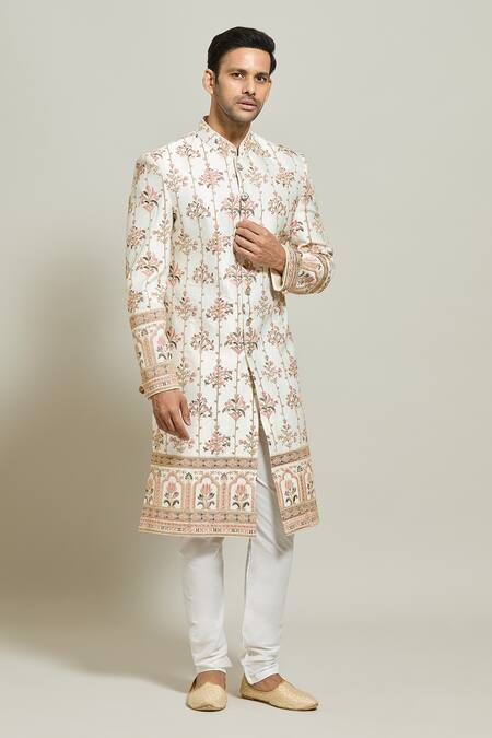 Shop_Arihant Rai Sinha_Cream Silk, Polyester Zari Embroidered Sherwani And Churidar Set _Online_at_Aza_Fashions