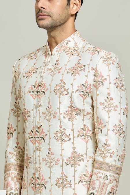 Arihant Rai Sinha_Cream Silk, Polyester Zari Embroidered Sherwani And Churidar Set _at_Aza_Fashions