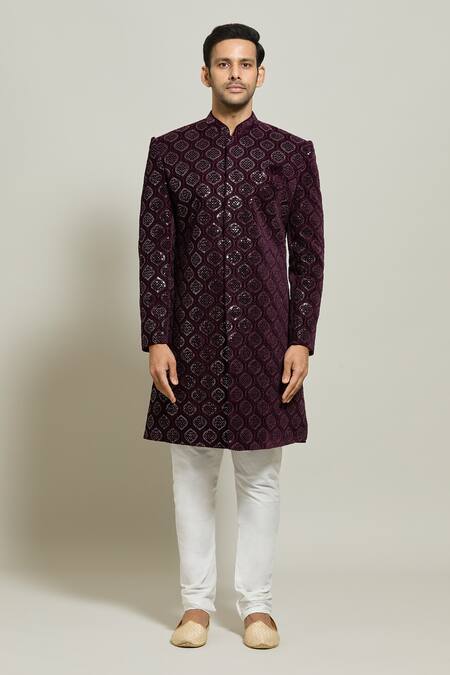 Buy_Arihant Rai Sinha_Wine Velvet, Polyester, Cotton Mughal Ogee Pattern Sherwani And Churidar Set _Online_at_Aza_Fashions