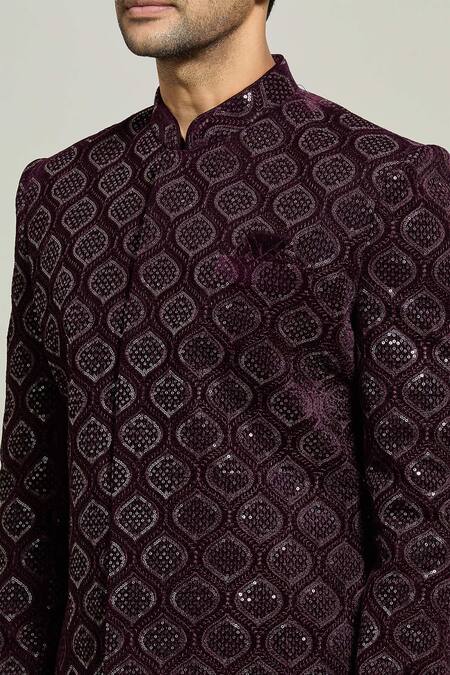 Shop_Arihant Rai Sinha_Wine Velvet, Polyester, Cotton Mughal Ogee Pattern Sherwani And Churidar Set _Online_at_Aza_Fashions