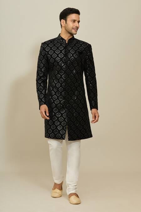 Buy_Arihant Rai Sinha_Black Velvet, Polyester, Cotton Sequins, Embroidery Sherwani And Churidar Set _Online_at_Aza_Fashions