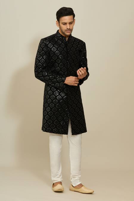 Shop_Arihant Rai Sinha_Black Velvet, Polyester, Cotton Sequins, Embroidery Sherwani And Churidar Set _Online_at_Aza_Fashions