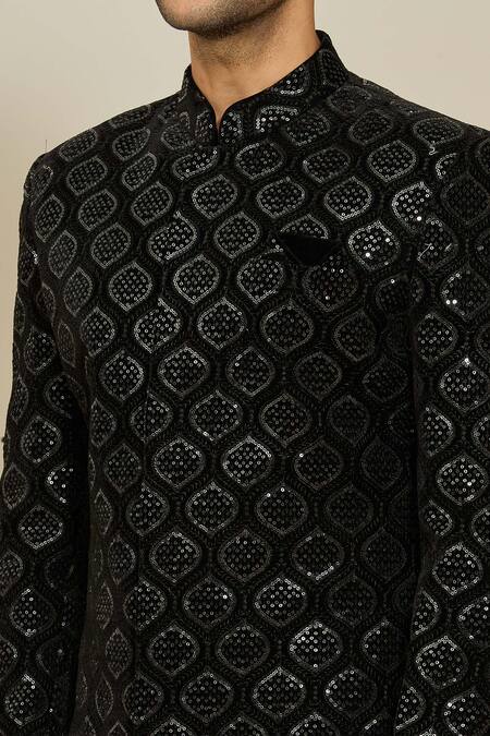 Arihant Rai Sinha_Black Velvet, Polyester, Cotton Sequins, Embroidery Sherwani And Churidar Set _at_Aza_Fashions