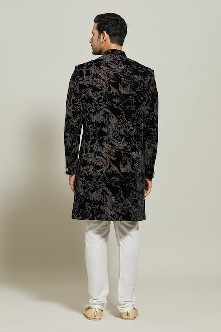 Shop Arihant Rai Sinha Black Velvet, Polyester, Cotton Textured Sherwani And Churidar Set at Aza Fashions Shop_Arihant Rai Sinha_Black Velvet, Polyester, Cotton Textured Sherwani And Churidar Set _at_Aza_Fashions