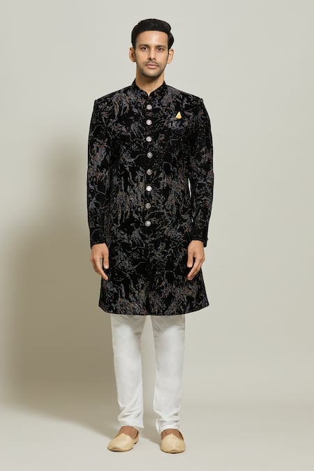Buy Arihant Rai Sinha Black Velvet, Polyester, Cotton Textured Sherwani And Churidar Set Online at Aza Fashions Buy_Arihant Rai Sinha_Black Velvet, Polyester, Cotton Textured Sherwani And Churidar Set _Online_at_Aza_Fashions