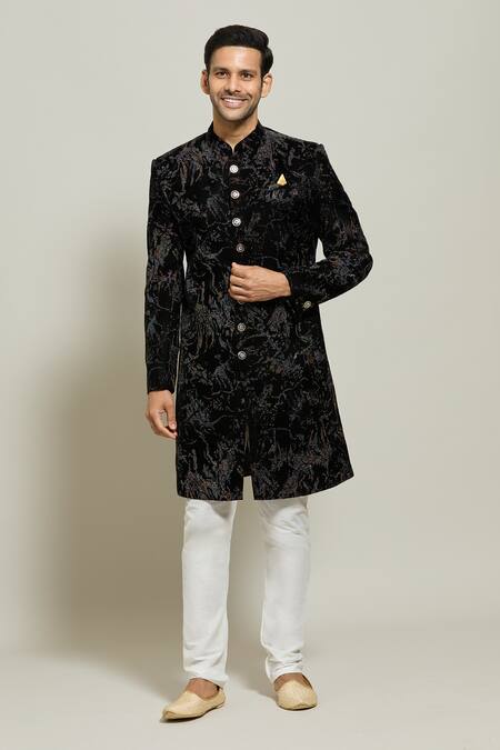Shop Arihant Rai Sinha Black Velvet, Polyester, Cotton Textured Sherwani And Churidar Set Online at Aza Fashions Shop_Arihant Rai Sinha_Black Velvet, Polyester, Cotton Textured Sherwani And Churidar Set _Online_at_Aza_Fashions
