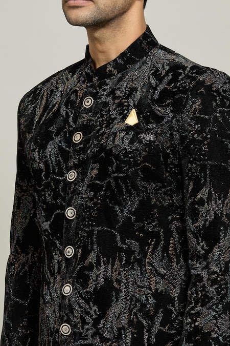 Arihant Rai Sinha Black Velvet, Polyester, Cotton Textured Sherwani And Churidar Set at Aza Fashions Arihant Rai Sinha_Black Velvet, Polyester, Cotton Textured Sherwani And Churidar Set _at_Aza_Fashions