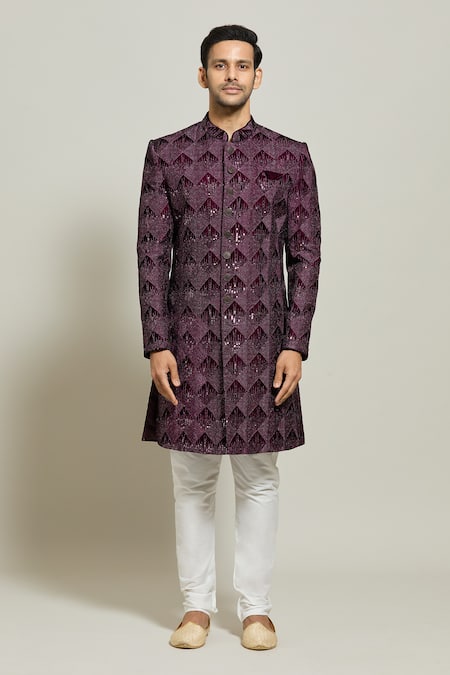 Buy_Arihant Rai Sinha_Wine Velvet, Polyester, Cotton Geometric Pattern Sherwani And Churidar Set _Online_at_Aza_Fashions