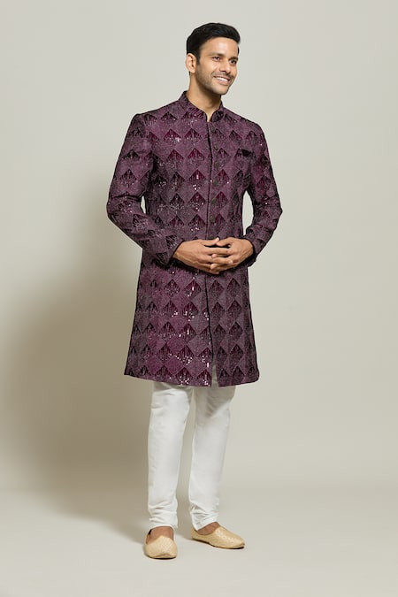 Shop_Arihant Rai Sinha_Wine Velvet, Polyester, Cotton Geometric Pattern Sherwani And Churidar Set _Online_at_Aza_Fashions