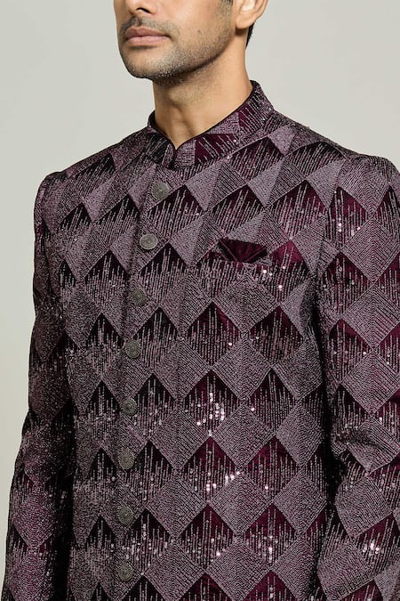 Arihant Rai Sinha_Wine Velvet, Polyester, Cotton Geometric Pattern Sherwani And Churidar Set _at_Aza_Fashions