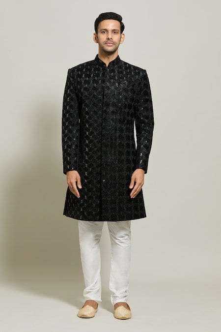 Buy_Arihant Rai Sinha_Black Velvet, Polyester Sequins, Geometric Pattern Sherwani And Churidar Set _Online_at_Aza_Fashions