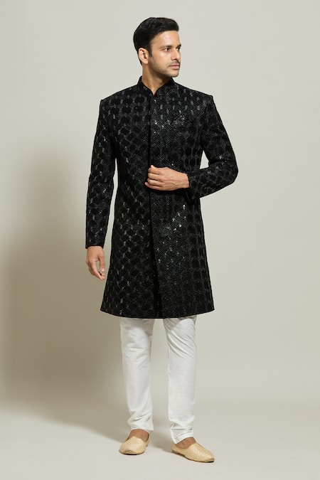 Shop_Arihant Rai Sinha_Black Velvet, Polyester Sequins, Geometric Pattern Sherwani And Churidar Set _Online_at_Aza_Fashions