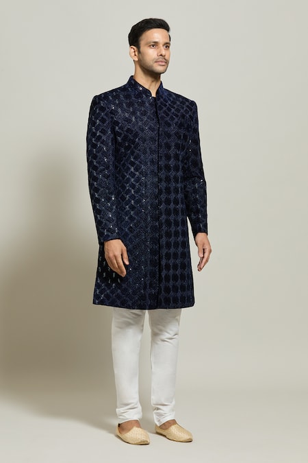 Buy_Arihant Rai Sinha_Blue Velvet, Polyester, Geometric Pattern Embroidered Sherwani With Churidar _Online_at_Aza_Fashions