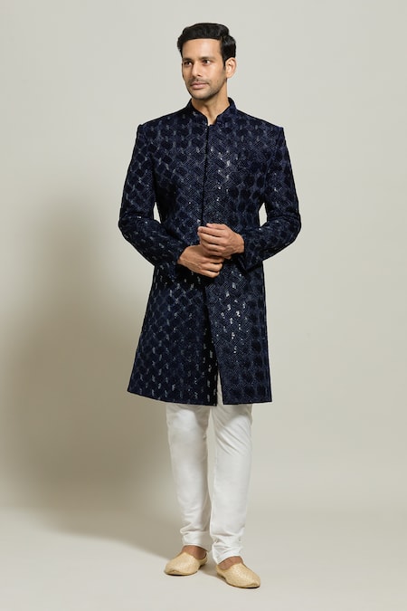 Shop_Arihant Rai Sinha_Blue Velvet, Polyester, Geometric Pattern Embroidered Sherwani With Churidar _Online_at_Aza_Fashions