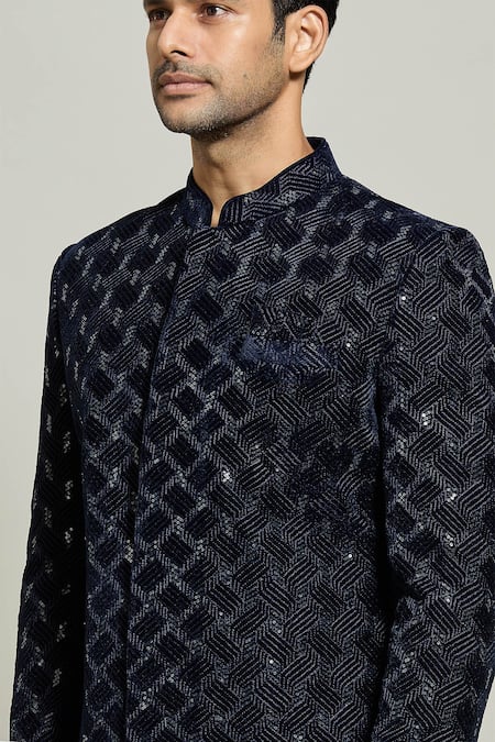 Arihant Rai Sinha_Blue Velvet, Polyester, Geometric Pattern Embroidered Sherwani With Churidar _at_Aza_Fashions