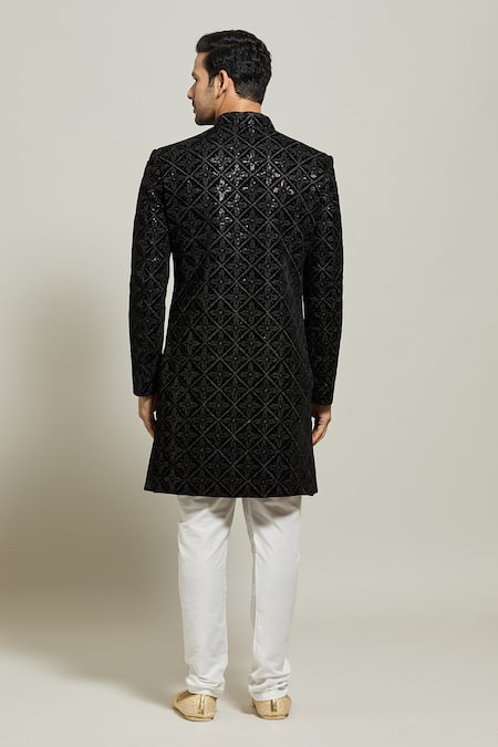 Shop Arihant Rai Sinha Black Velvet, Polyester, Cotton Geometric Floral Sherwani And Churidar Set at Aza Fashions Shop_Arihant Rai Sinha_Black Velvet, Polyester, Cotton Geometric Floral Sherwani And Churidar Set _at_Aza_Fashions