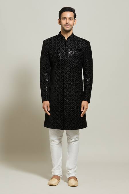 Buy Arihant Rai Sinha Black Velvet, Polyester, Cotton Geometric Floral Sherwani And Churidar Set Online at Aza Fashions Buy_Arihant Rai Sinha_Black Velvet, Polyester, Cotton Geometric Floral Sherwani And Churidar Set _Online_at_Aza_Fashions
