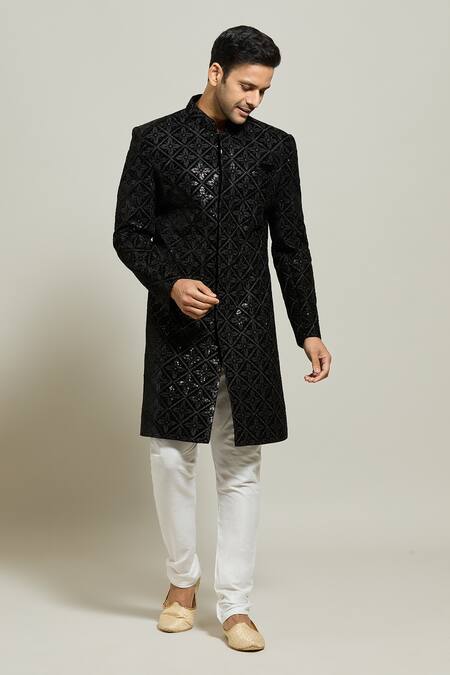 Shop Arihant Rai Sinha Black Velvet, Polyester, Cotton Geometric Floral Sherwani And Churidar Set Online at Aza Fashions Shop_Arihant Rai Sinha_Black Velvet, Polyester, Cotton Geometric Floral Sherwani And Churidar Set _Online_at_Aza_Fashions