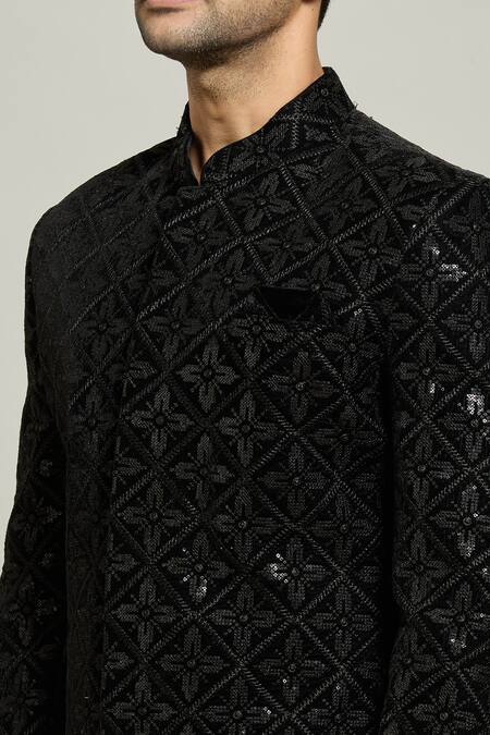 Arihant Rai Sinha Black Velvet, Polyester, Cotton Geometric Floral Sherwani And Churidar Set at Aza Fashions Arihant Rai Sinha_Black Velvet, Polyester, Cotton Geometric Floral Sherwani And Churidar Set _at_Aza_Fashions