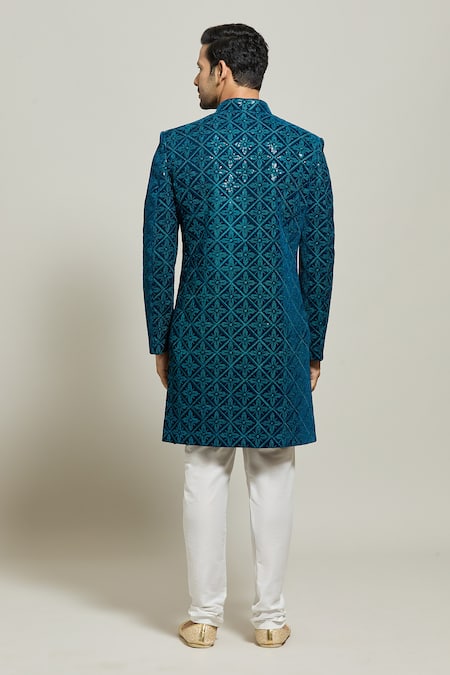 Shop Arihant Rai Sinha Blue Velvet, Polyester Sequins, Geometric Floral Sherwani With Churidar at Aza Fashions Shop_Arihant Rai Sinha_Blue Velvet, Polyester Sequins, Geometric Floral Sherwani With Churidar _at_Aza_Fashions