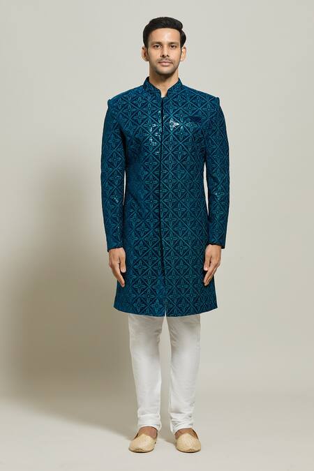 Arihant Rai Sinha Blue Velvet, Polyester Sequins, Geometric Floral Sherwani With Churidar Online at Aza Fashions Arihant Rai Sinha_Blue Velvet, Polyester Sequins, Geometric Floral Sherwani With Churidar _Online_at_Aza_Fashions